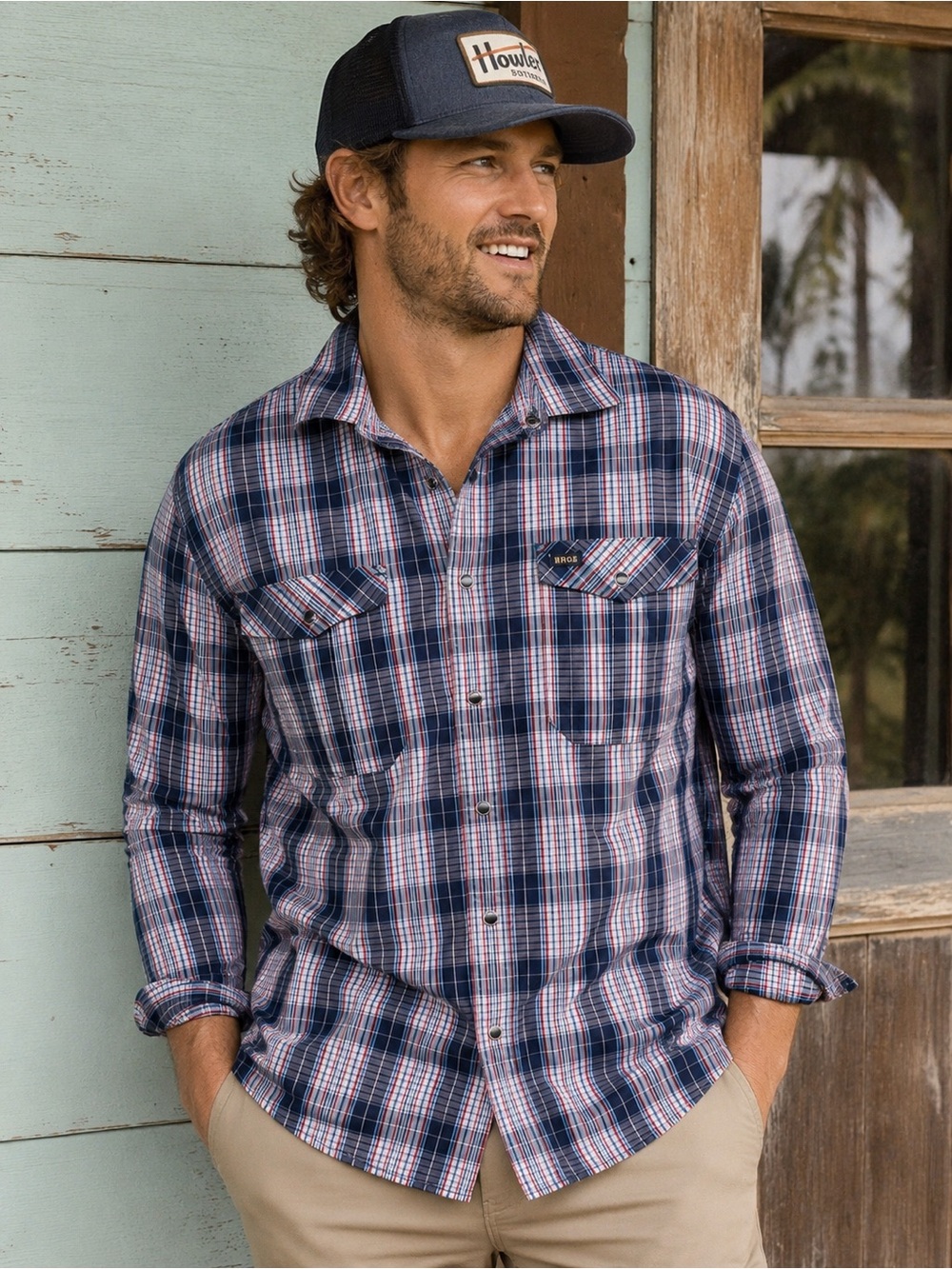 Howler Brothers Plaid Long Sleeve Shirt – Blue & Red – Size Medium